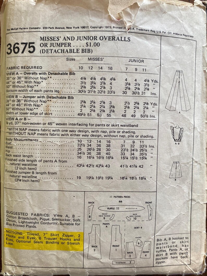 1970's Women's Overalls Jumper Vintage Sewing Pattern Mccall's 3675 ...
