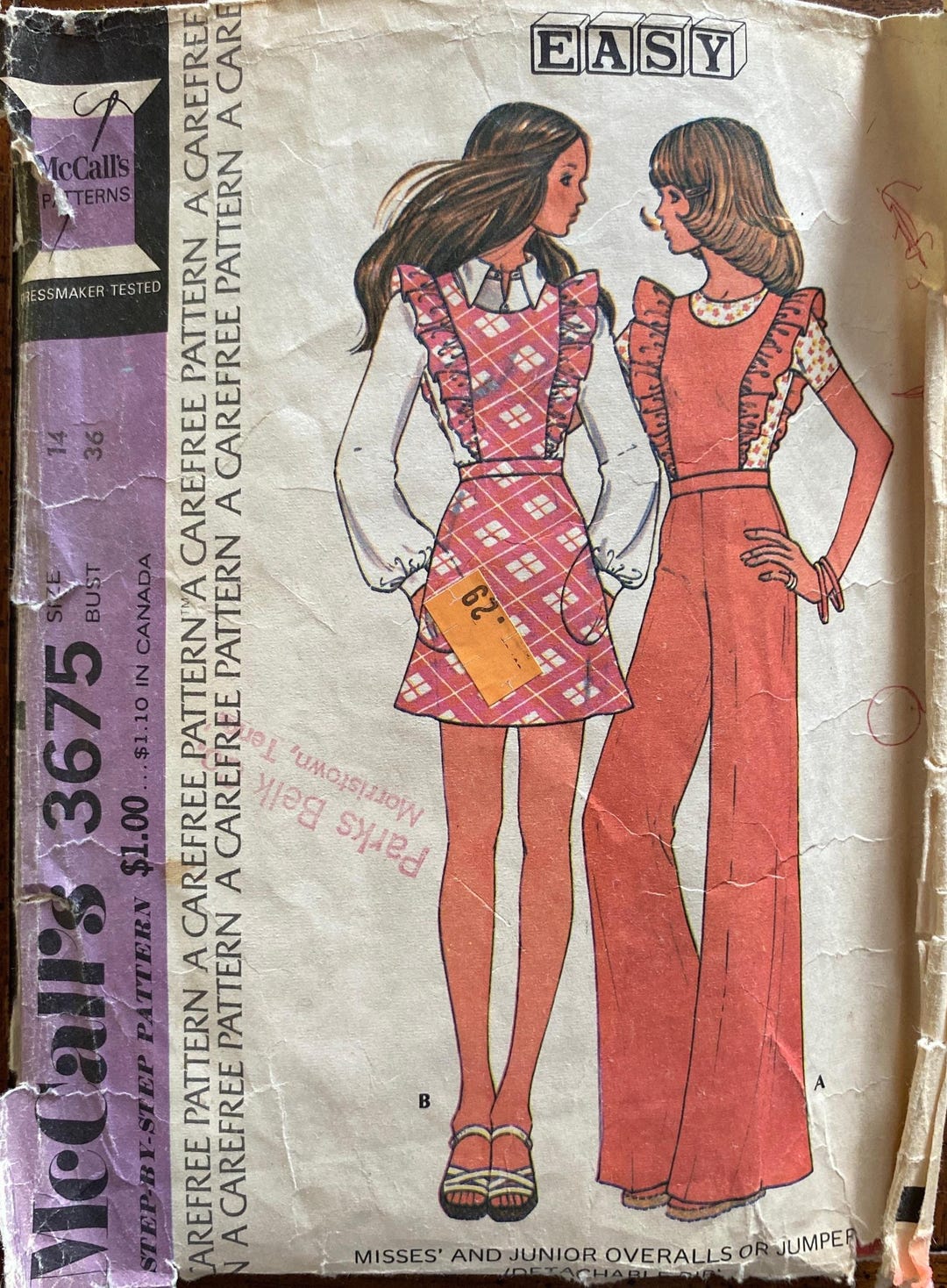 1970's Women's Overalls Jumper Vintage Sewing Pattern Mccall's 3675 ...