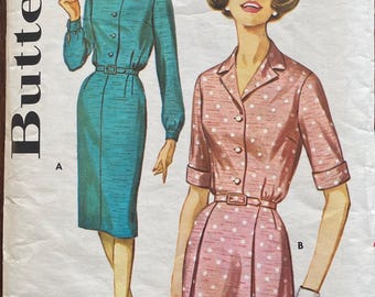 1960's Women's Button Front Dress Vintage Sewing Pattern Butterick 2256 Bust 39 RF0247