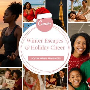 Könnte beinhalten: Eine Collage von Bildern mit Winterferien-Thema. Das zentrale Designelement ist ein rosa Kreis mit dem Text "Winter Escapes & Holiday Cheer" und "Social Media Templates". Die Bilder zeigen Menschen, die sich entspannen, Spa-Behandlungen genießen und feiern.