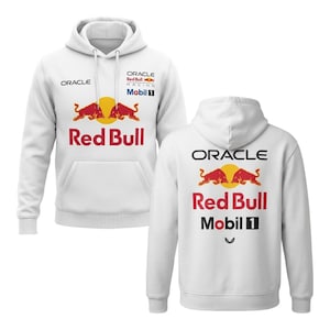 Op de afbeelding: Witte hoodie met het Red Bull Racing-logo. De voorkant toont het Red Bull-logo met de tekst "Red Bull" in het rood. De achterkant van de hoodie heeft ook het Red Bull-logo en de tekst "Oracle", "Red Bull" en "Mobil 1".