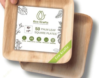 Eco-borden van palmblad van Kraftz, set van 50 (10" en 7") - elegante composteerbare wegwerpborden in bamboestijl voor bruiloften, feesten en eco-evenementen