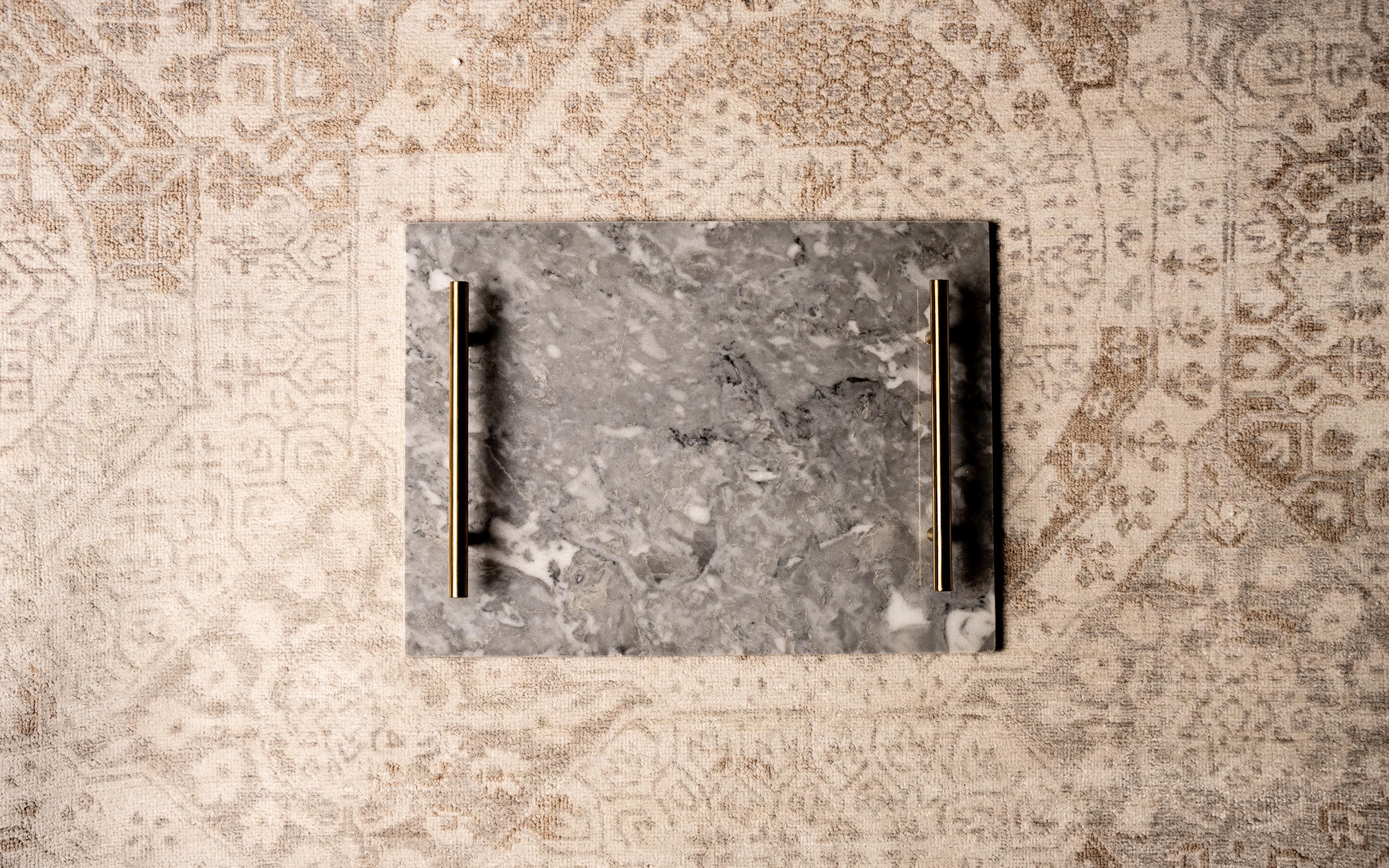 Classic Grey Marble Tray Polished Stone With Brass Handles – Luxury ...