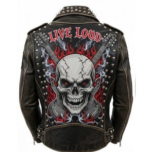 May include: Distressed brown leather jacket with a skull and guitar graphic on the back. The graphic features a white skull with red eyes, flames, and two guitars. The text "LIVE LOUD" is above the skull. The jacket has silver studs and a studded collar.