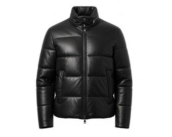 Handmade Luxury Black Leather Puffer Jacket | Men's Quilted Winter Coat