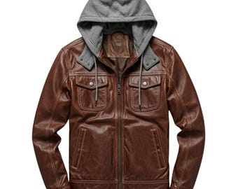 Men's Brown Distressed Leather Biker Jacket with Removable Hoodie
