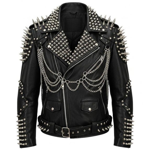 ジャケット・アウター opium darkwear punk studs riders jacket Spiked & Studded Leather Biker Jacket: Skull Motif, Punk Goth
