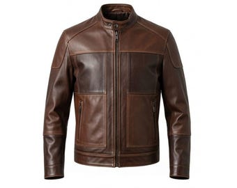Chaqueta de motociclista de cuero marrón bicolor hecha a mano: estilo motociclista vintage
