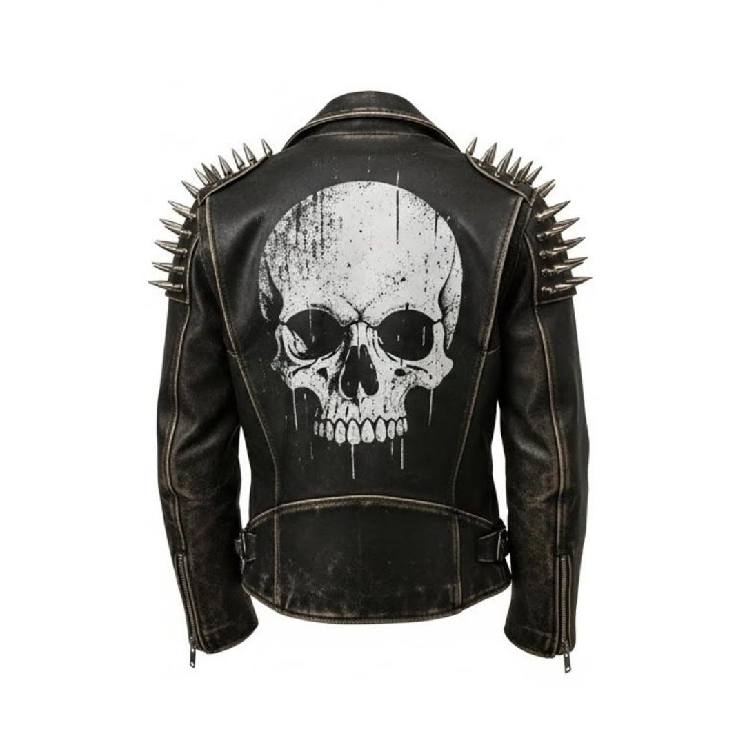 Black Distressed Studded Leather Jacket With Skull Back | Punk Rock ...