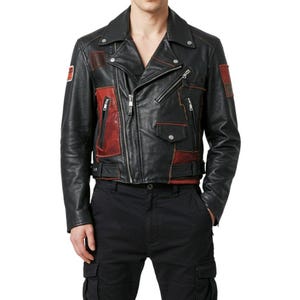 Men&#39;s Black & Brown Patchwork Biker Jacket | Genuine Sheepskin Moto Jacket | Premium Soft Custom Made Rider Coat
