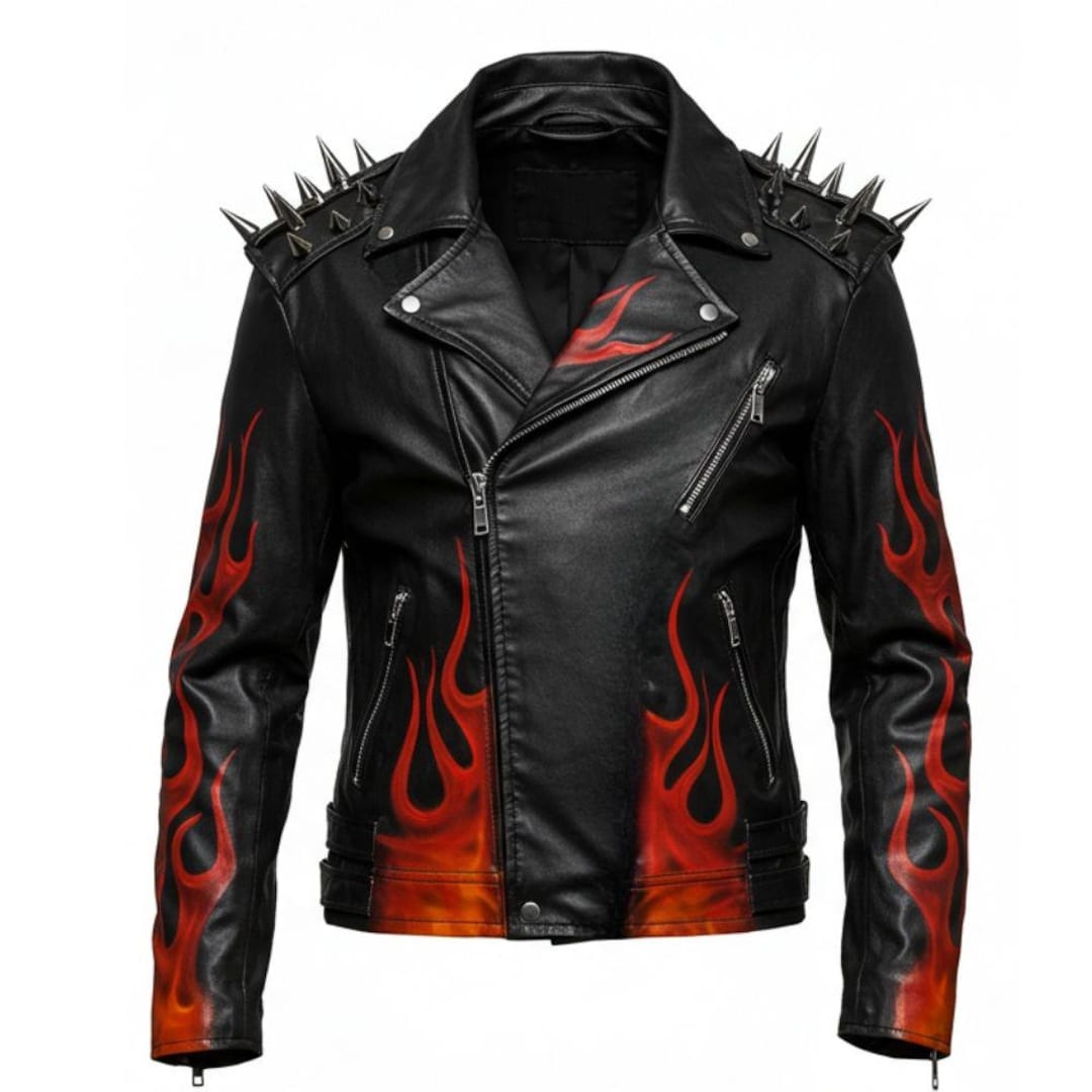 archive black flame Leather jacket 黒 Spiked Black Flame Leather Jacket: Gothic Punk Biker Costume - Etsy