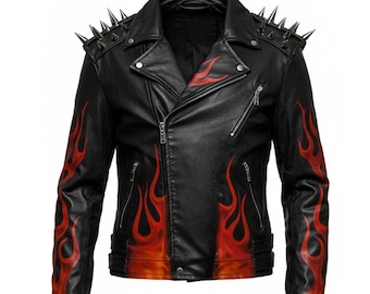 Spiked Black Flame Leather Jacket: Gothic Punk Biker Costume - Etsy