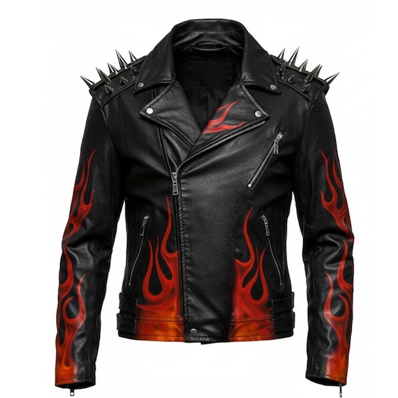 MADPUNKS ライダースジャケット スカル迷彩 パンク系 ブラック L Spiked Black Flame Leather Jacket: Gothic Punk Biker Costume - Etsy