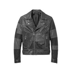 Men&#39;s Black Patchwork Leather Biker Jacket | Genuine Sheepskin Moto Jacket | Premium Soft Custom Made Rider Jacket
