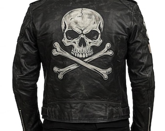 Handmade Black Leather Skull Biker Jacket: Gothic Rock Style