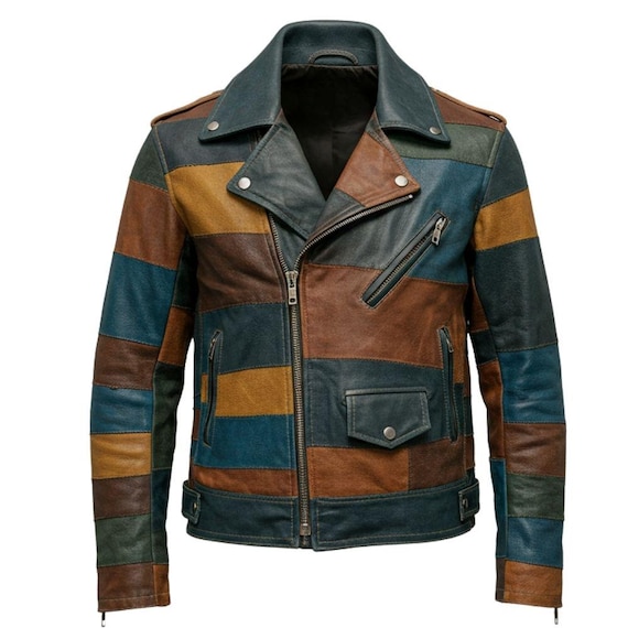 Men's Patchwork Sheepskin Leather Biker Jacket: Handmade Multi