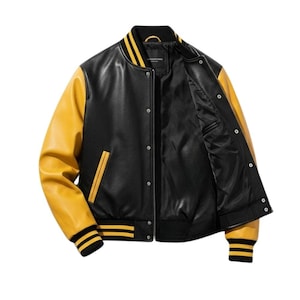 May include: Black and yellow varsity jacket with a snap-button closure. The jacket features yellow sleeves, a yellow collar with black stripes, and black cuffs with yellow stripes. The interior lining is black.