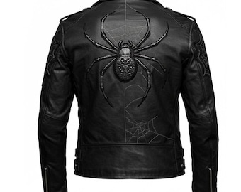 Zwart leren spiderweb-bikerjack: gotisch halloweenkostuum