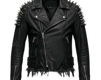 May include: Black leather jacket with silver metal spikes on the shoulders. The jacket has a classic asymmetrical zipper closure, multiple zippered pockets, and distressed detailing. The bottom hem has a frayed edge, adding to the edgy aesthetic.