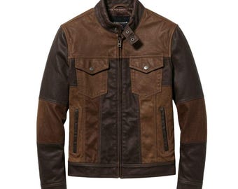 Chaqueta de motociclista de cuero marrón bicolor hecha a mano: piel de oveja vintage