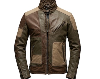 Chaqueta de motociclista de piel de oveja con patchwork para hombre: abrigo de motociclista hecho a mano y personalizado