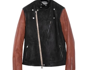 Chaqueta de cuero bicolor hecha a mano estilo motero / Chaqueta de moto negra y marrón