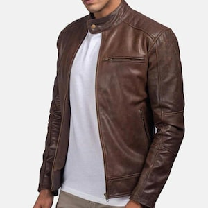 Vintage Cafe Racer Leather Jacket: Handmade Brown Cowhide Biker Style