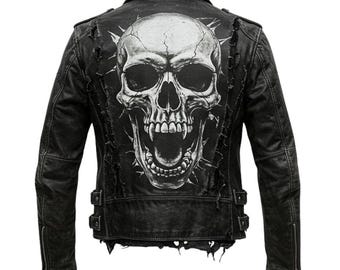May include: Black leather jacket with a distressed finish and a large white skull graphic on the back. The jacket features a classic biker style with a notched collar, asymmetrical zipper, and multiple pockets. The skull design has a cracked effect.
