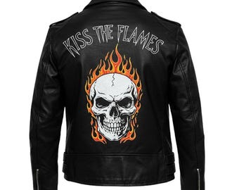Skull on Fire Biker Jacket: Handmade Sheepskin Leather Moto Jacket