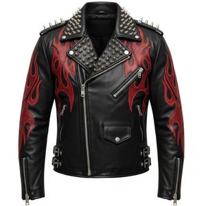 Spiked Black Flame Leather Jacket: Gothic Punk Biker Costume - Etsy
