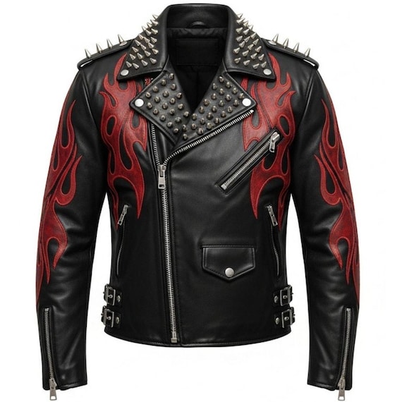 Red Flame Black Leather Biker Jacket: Spiked Shoulders, Studded