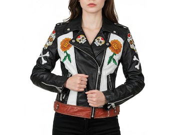 Floral Embroidered Sheepskin Leather Biker Jacket: Boho Moto Coat
