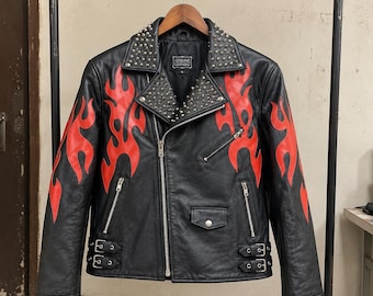 Red Flame Black Leather Biker Jacket: Spiked Shoulders, Studded