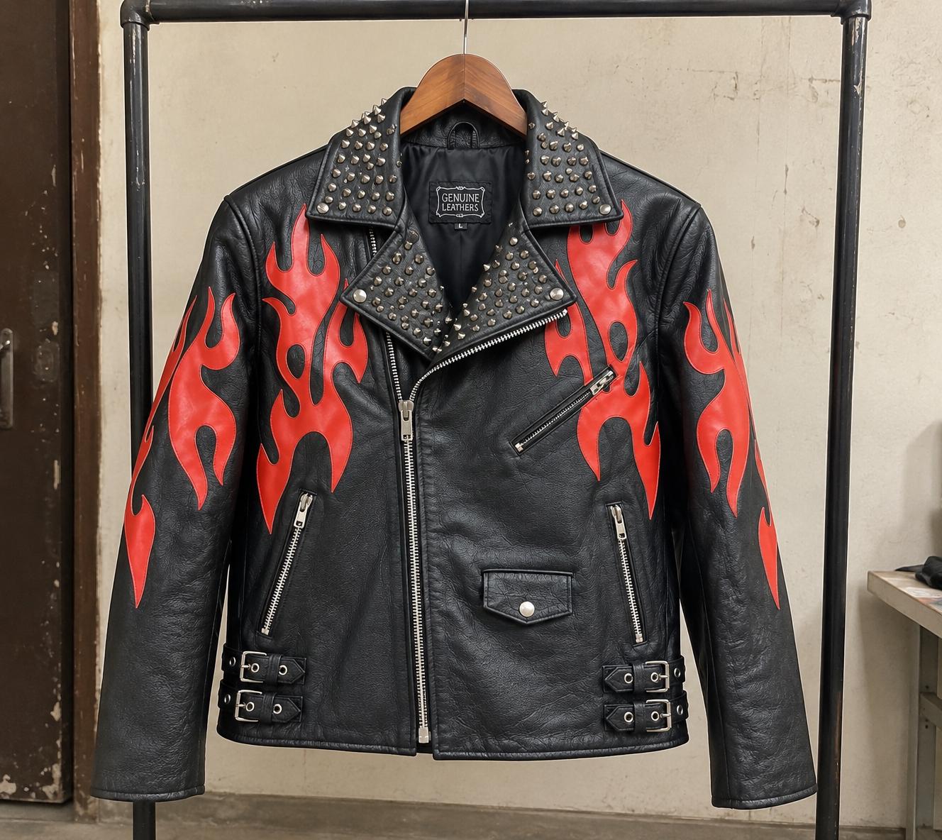 Red Flame Black Leather Biker Jacket: Spiked Shoulders, Studded