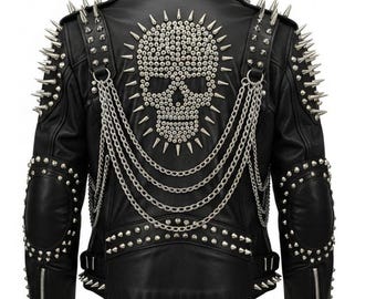 Spiked & Studded Leather Biker Jacket: Skull Motif, Punk Goth