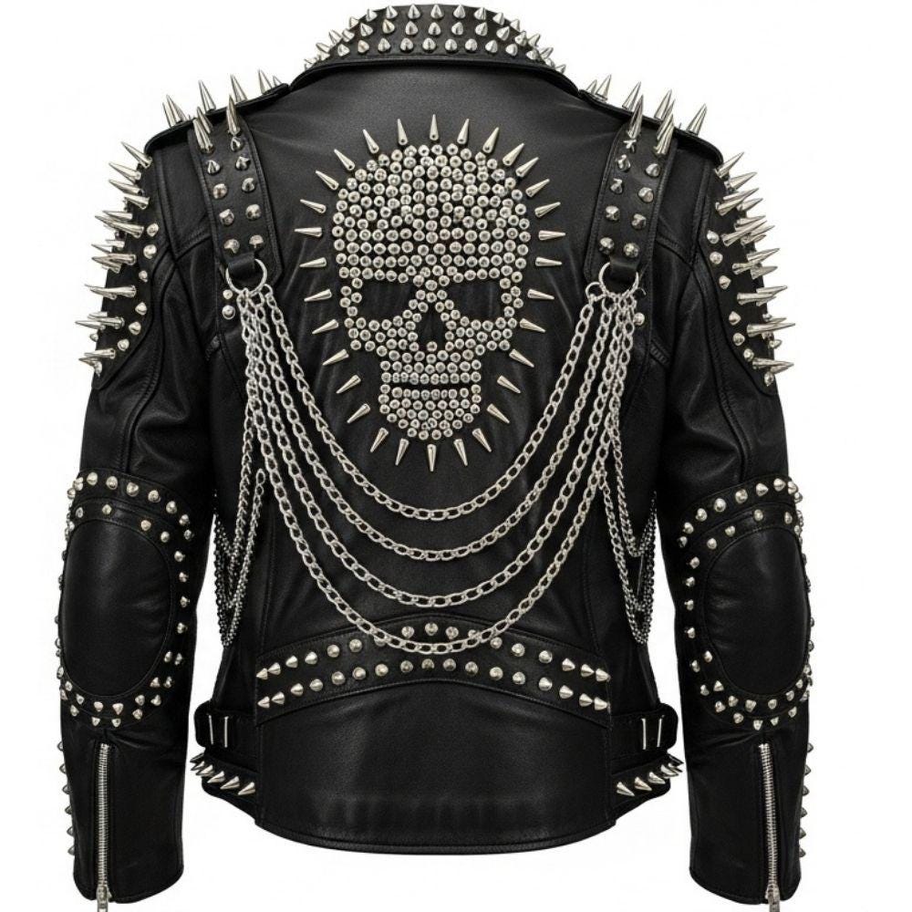 Spiked & Studded Leather Biker Jacket: Skull Motif, Punk Goth