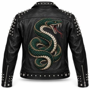 May include: A black leather jacket featuring a large, detailed embroidery of a coiled green snake with an open mouth and fangs on the back. The jacket is adorned with silver-toned metal studs along the collar, shoulders, and cuffs, and includes silver zips.