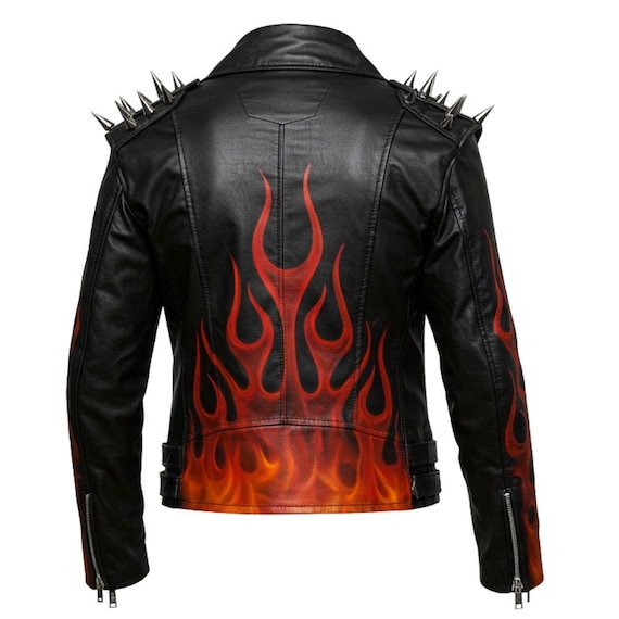 Spiked Black Flame Leather Jacket: Gothic Punk Biker Costume - Etsy