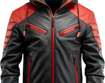 Men’s Black & Red Leather Hoodie Jacket | Biker Style Genuine Leather Jacket | Hooded Motorcycle Jacket for Men