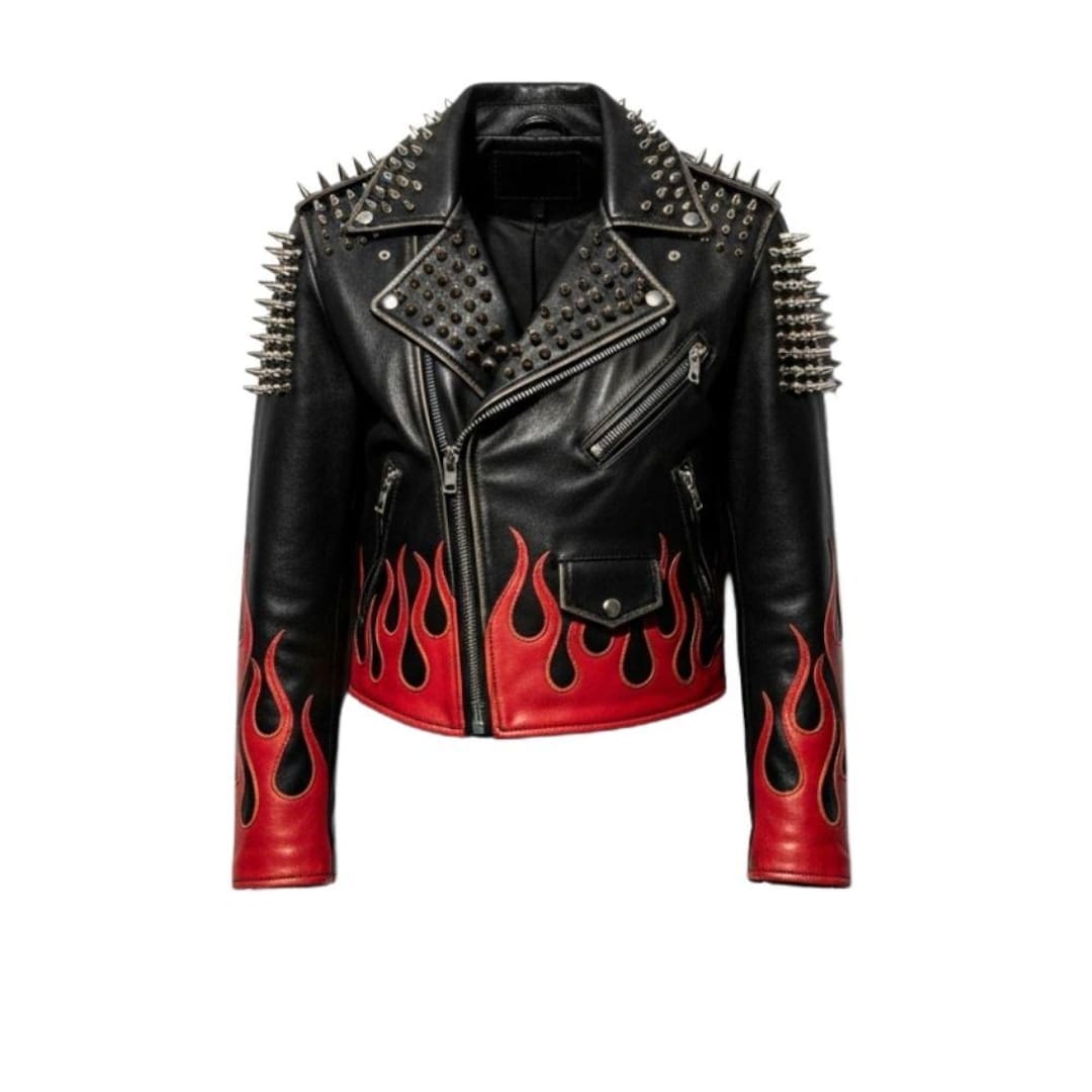 Spiked Shoulder Leather Biker Jacket: Red Flame Graphic Punk Coat