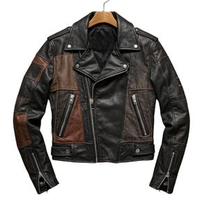 Men&#39;s Black & Brown Patchwork Biker Jacket | Genuine Sheepskin Moto Jacket | Premium Soft Custom Made Rider Coat