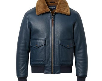 Giubbotto bomber in pelle di pecora blu da uomo: collo in pelliccia sintetica, stile aviatore