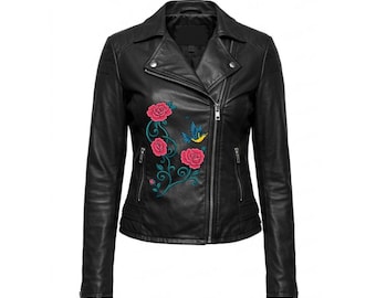 Embroidered Black Leather Biker Jacket: Genuine Sheepskin Moto Outerwear