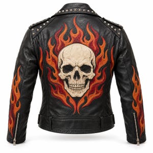 Chaqueta de cuero negra estilo motero con tachuelas y diseño de calavera en llamas, talla personalizada.