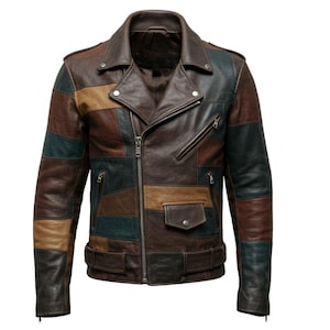 Men&#39;s Patchwork Leather Jacket | Black & Tan Biker Jacket | Genuine Sheepskin  | Biker Jacket | Men&#39;s Leather Jacket