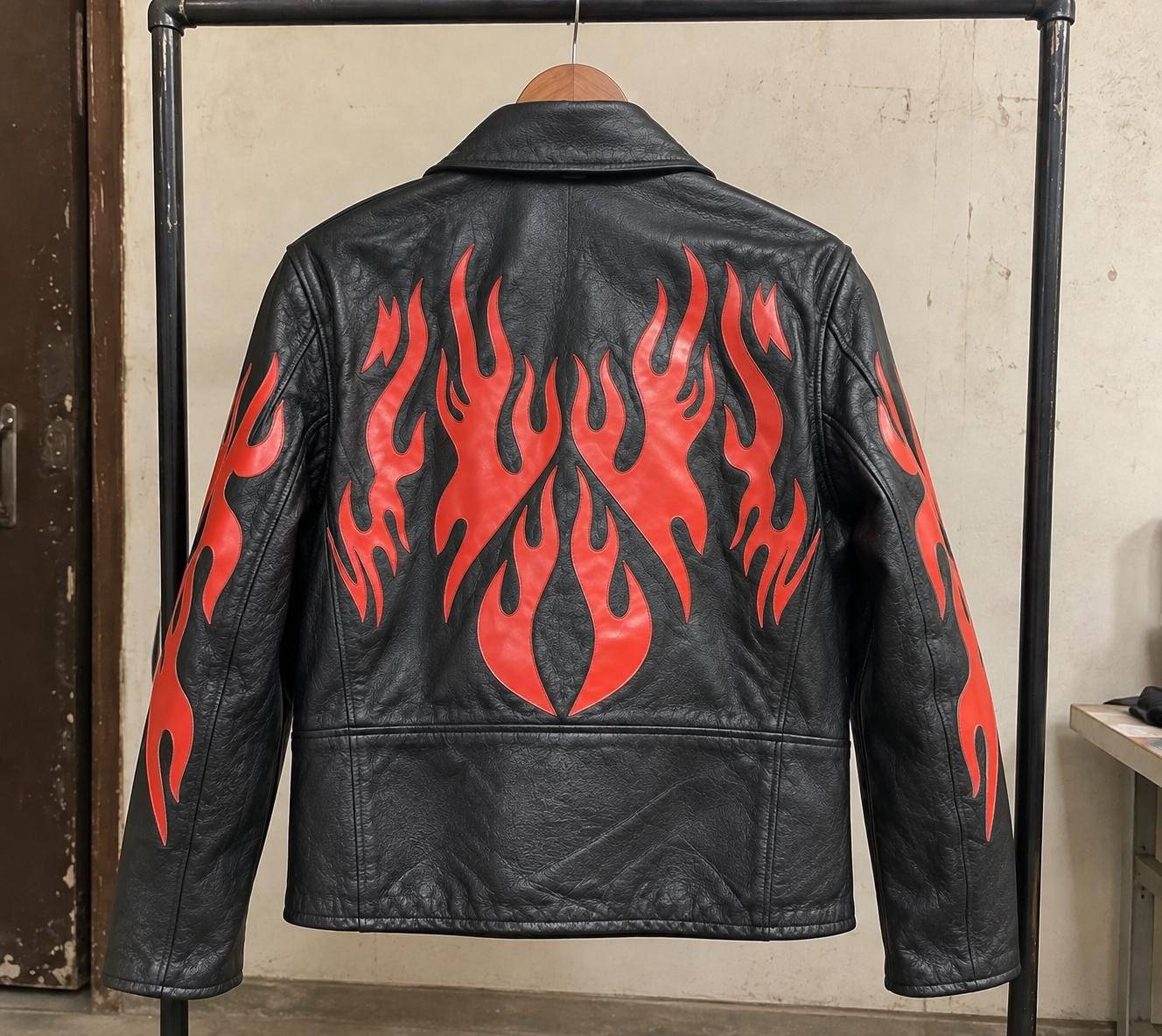 Red Flame Black Leather Biker Jacket: Spiked Shoulders, Studded