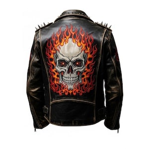 May include: Black leather jacket with a distressed finish, featuring a large skull design engulfed in flames on the back. The jacket has a classic biker style with a notched collar, studded shoulders, and a zipper closure.