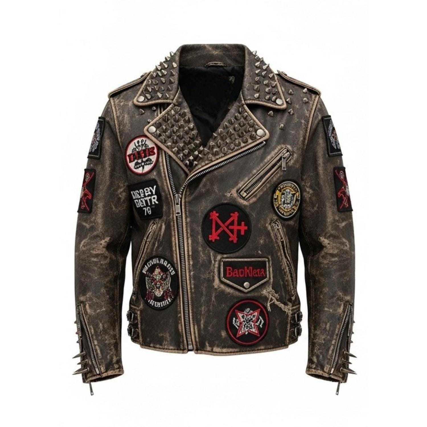 Distressed Leather Battle Jacket: Patched & Spiked Punk Rocker