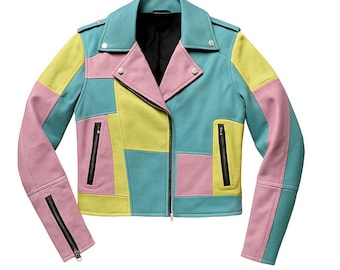 Chaqueta de motociclista de piel con patchwork pastel: prenda de motociclista de piel de oveja hecha a mano