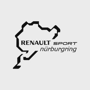 Op de afbeelding: Zwarte afbeelding van het racecircuit Nürburgring met de woorden "RENAULT SPORT nürburgring" in een modern lettertype. De afbeelding staat op een lichtgrijze achtergrond. Het ontwerp is waarschijnlijk voor autoliefhebbers.